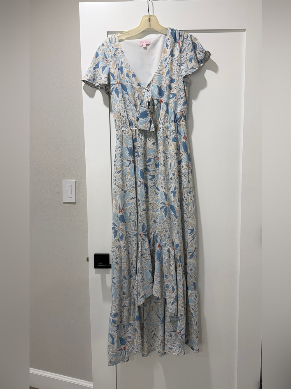 Pink Lily Floral Tie-Front Maxi Dress in Blue and Cream
